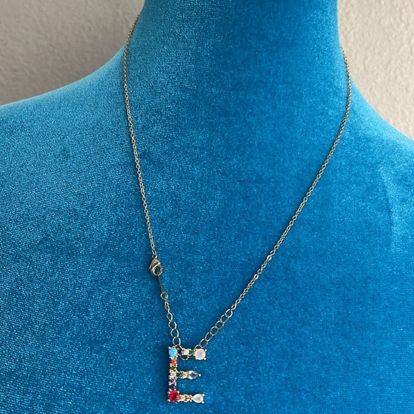 Multi-colored rhinestone initial charm necklace - Letter “E” - Picture 2 of 6